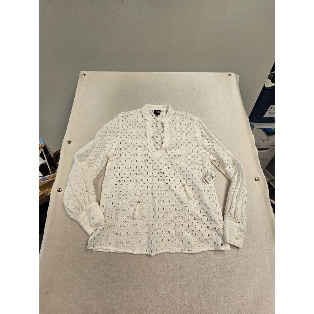 INC International Concepts White Eyelet Lace Tassel Tie Blouse Large NEW